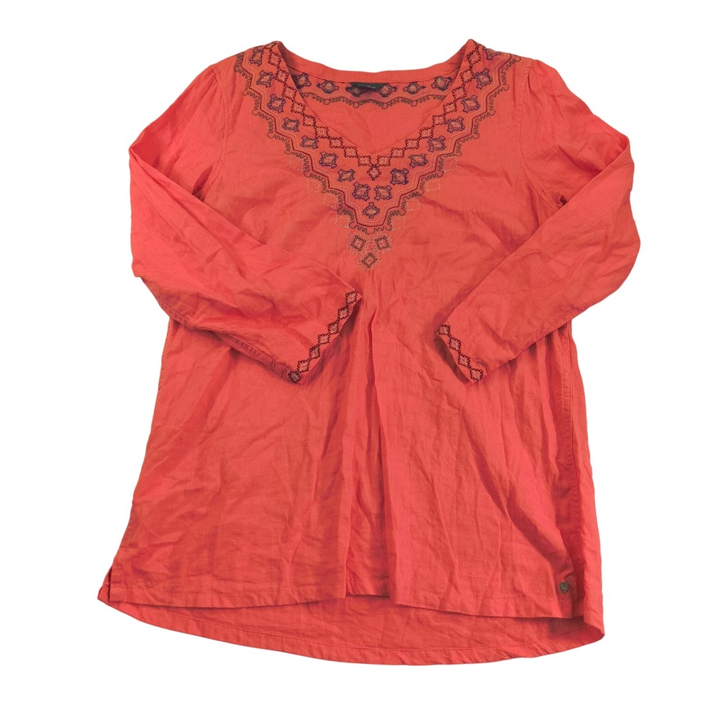 Eddie Bauer Women's Embroidered Tunic Top Pink Linen Blend Long Sleeve M‎